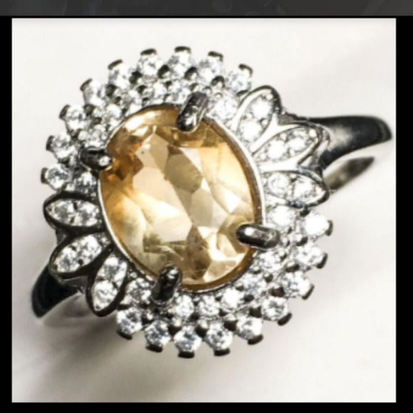 Solitaire Vintage Citrine Ring 925 Sterling Silver Diamonds 7 1.16ct Oval Cut - Picture 4 of 4